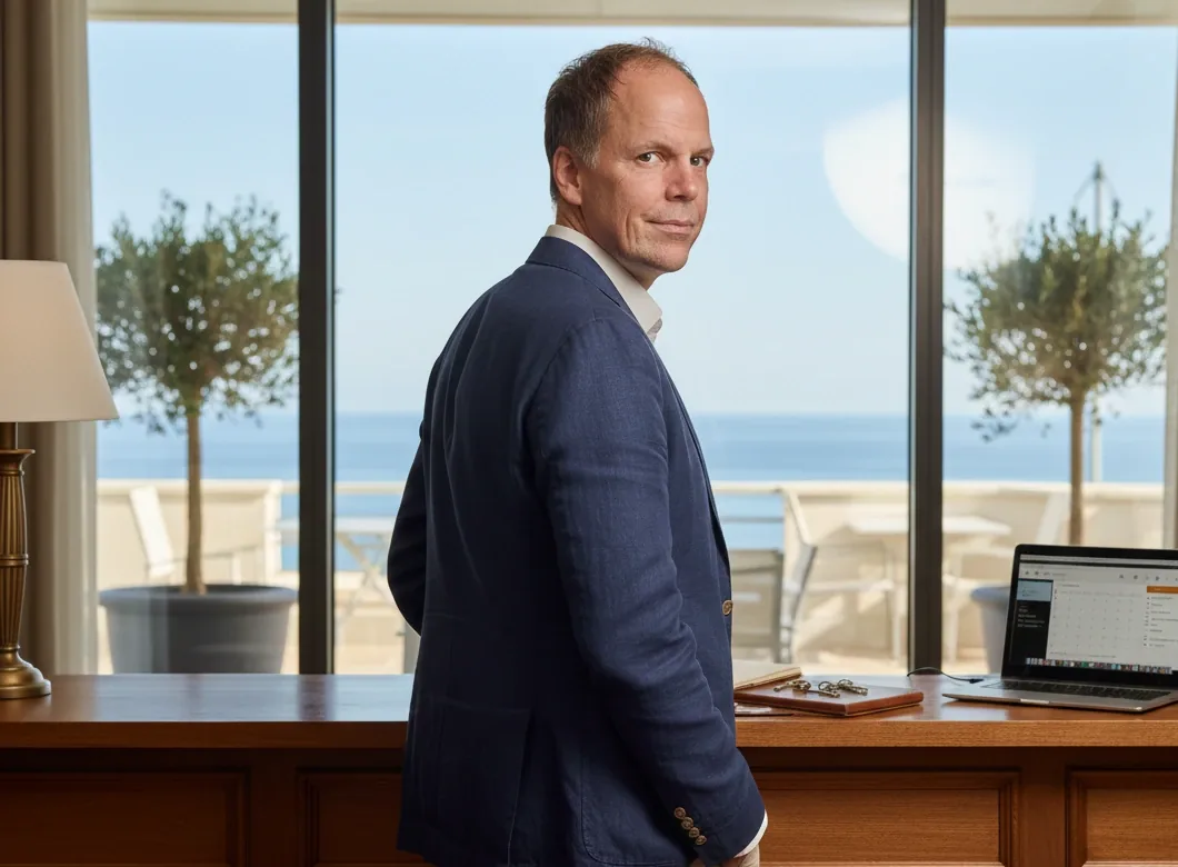 Anders Karlsson vid en hotellreception med havet i bakgrunden