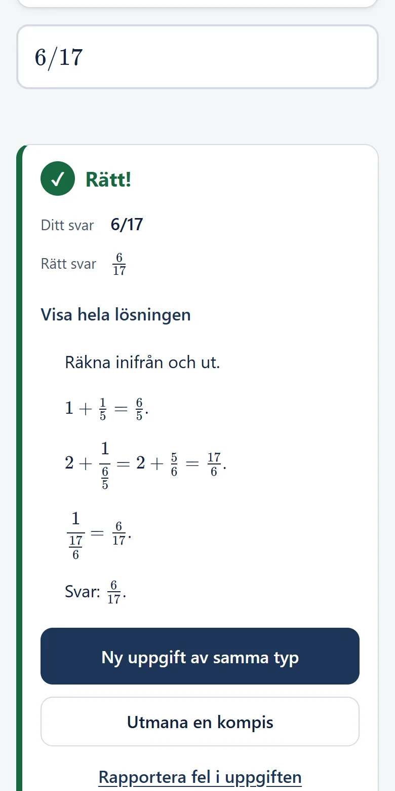 Rättat svar i appen: Rätt!, med ditt svar, rätt svar och lösningen steg för steg
